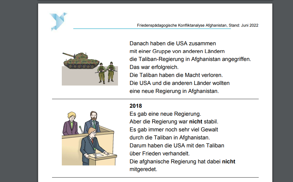 Um verschiedenen Kompetenzstufen gerecht zu werden, werden auch Konfliktanalysen in einfacher Sprache, wie zum Beispiel zu Afghanistan, angeboten.
