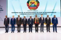 President Filipe Jacinto Nyusi, Renamo leader Ossufo Momade, UN PESG Mirko Manzoni along with dignitaries at the official closing ceremony for the disarmament and demobilisation phase, Maputo, June 2023.