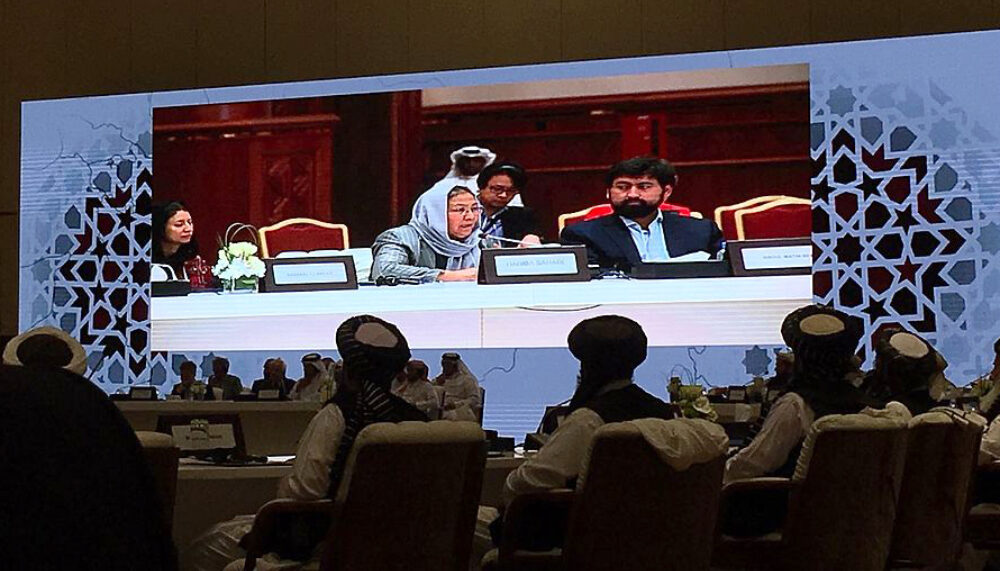 Dr. Habiba Sarābi speaking at the Intra-Afghan Conference for Peace,