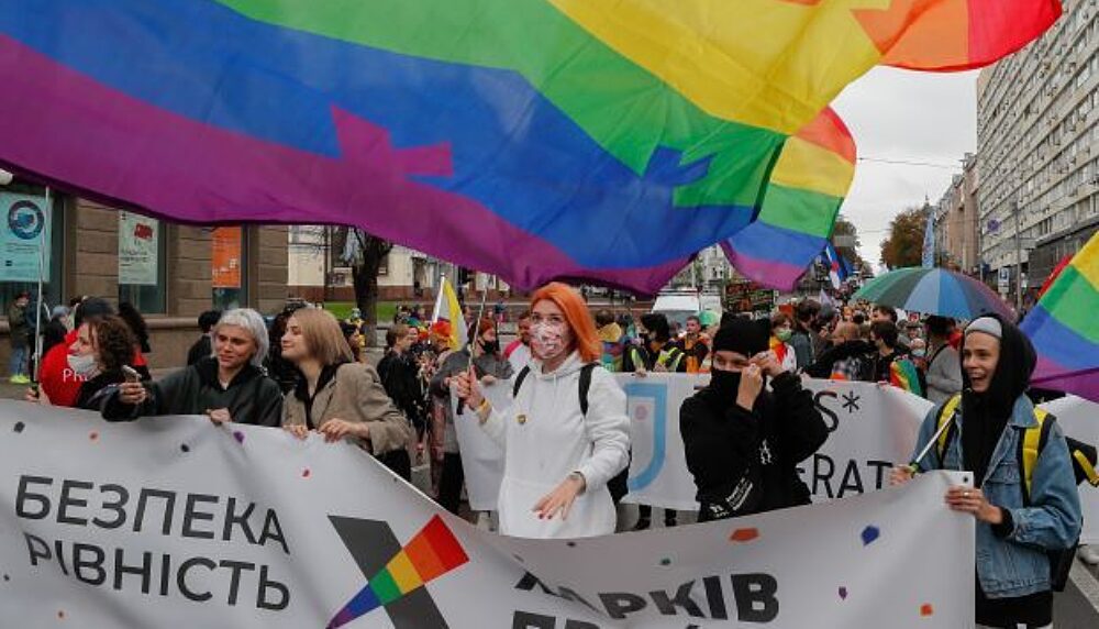 Protesters at the 2021 Pride march in Kiev, Ukraine.