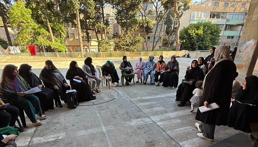 A session with displaced women in an IDP shelter in Beirut during the current crisis, focused on strengthening communication, active listening, and social cohesion to help reduce daily tensions in shared shelter spaces.