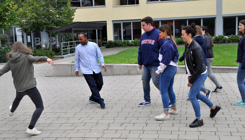 Soccer game during a workshop at one of the model schools for peace education in Baden-Wuerttemberg, Germany.