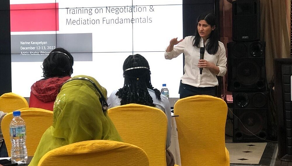 Mediation Advisor Narine Karapetyan giving a training on mediation to our women's inclusion network in Ethiopia.